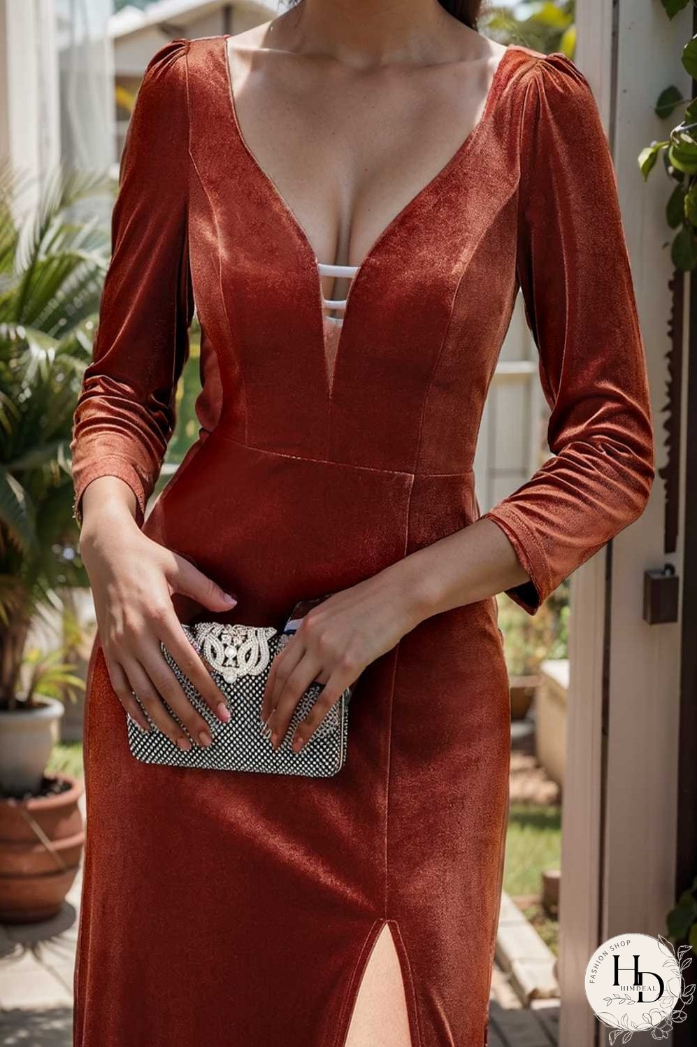 velvet 3 4 length sleeve illusion v neck front slit evening dress