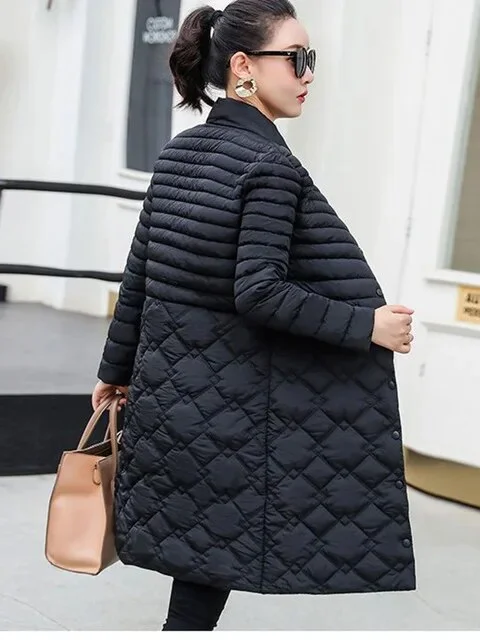 Jangj Long Down Padded Jacket New Winter Parkas Plus Size Lightweight Women's Abrigos Korean Quilted Jacket Stand Collar Overcoat