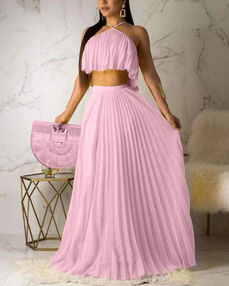 Sexy Halter Top Pleated Skirt Suit