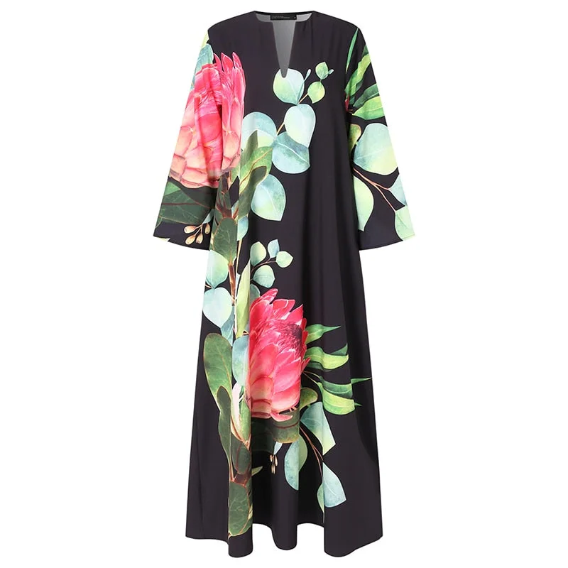 Women's Summer Sundress ZANZEA Bohemian Floral Dress Casual Long Sleeve Printed Maxi Vestidos Female V Neck Robe