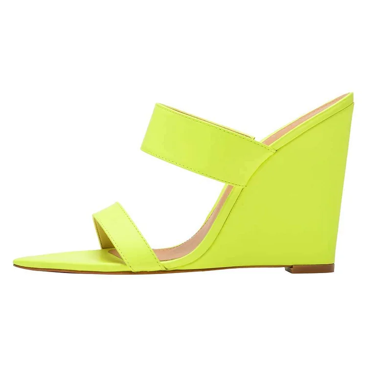 Neon Yellow Pointed Toe Wedge Heels Mules Sandals |FSJ Shoes