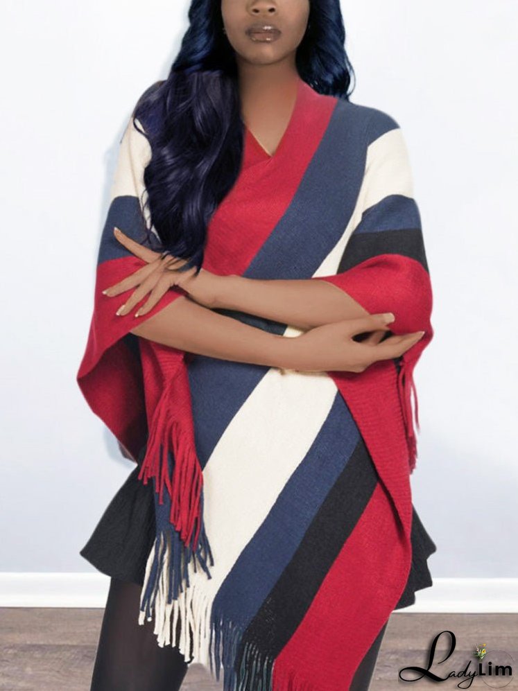 Knitted Striped Tassel Poncho