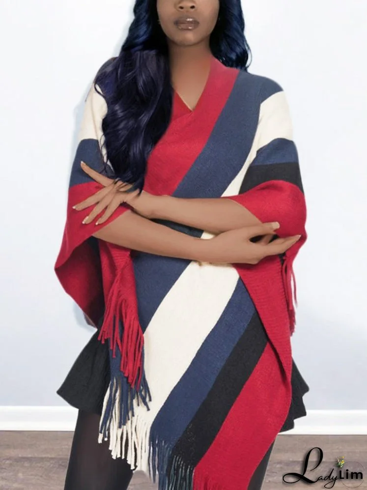 Knitted Striped Tassel Poncho