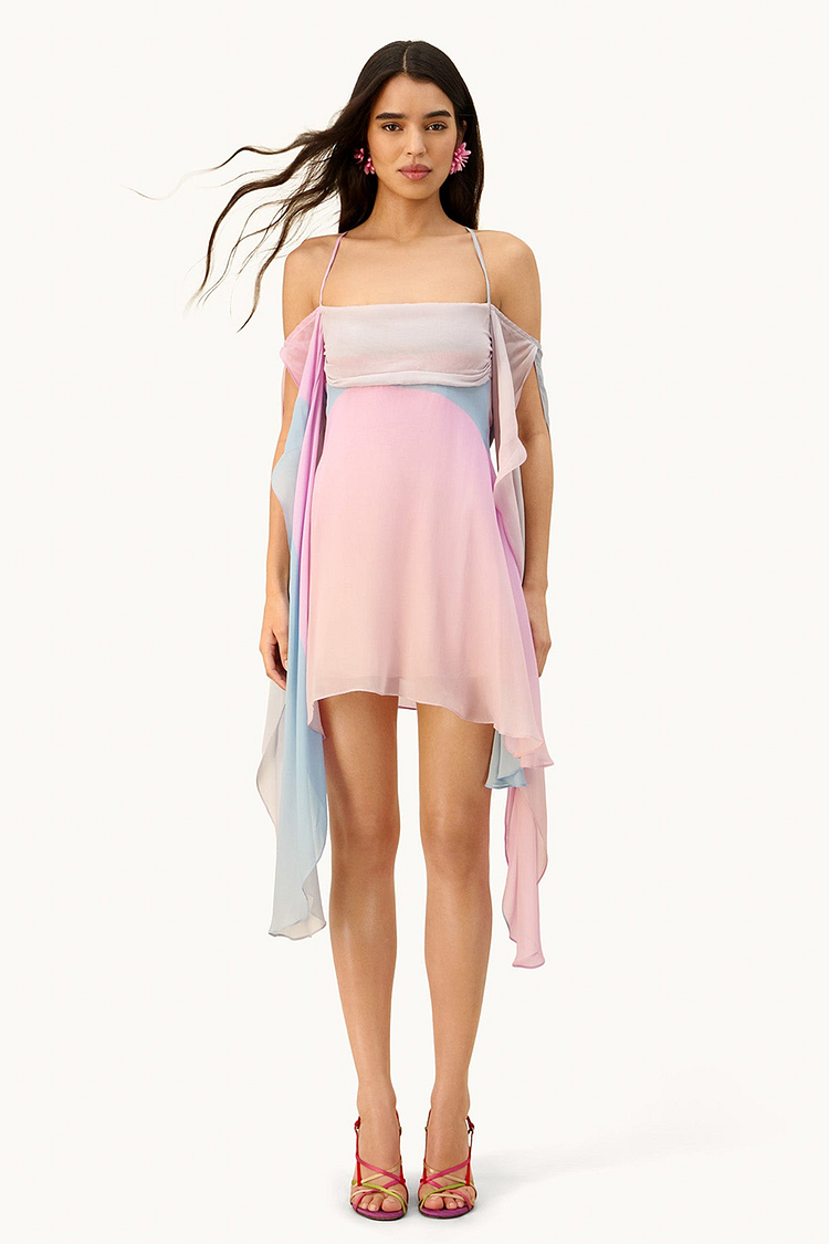 Gradient Color Slit Draped Sleeve Slip Mini Dresses-Pink [Pre Order]