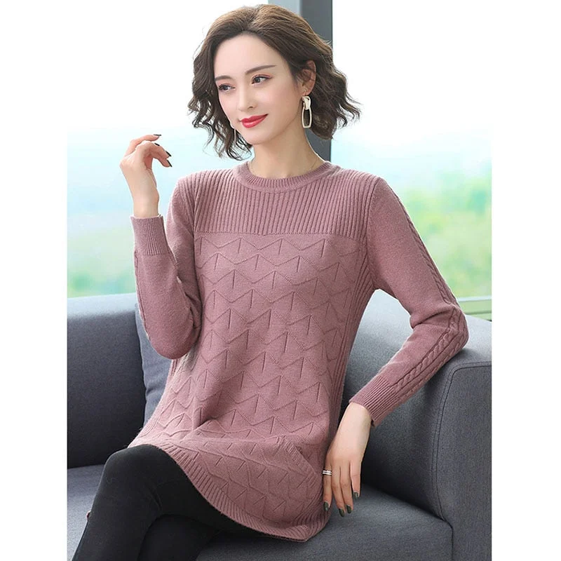 Autumn Winter Women Knit Sweater Pullover Mid-length Solid Long Sleeve  Sweater Loose Knit Bottoming Shirt Female Plus Size T326