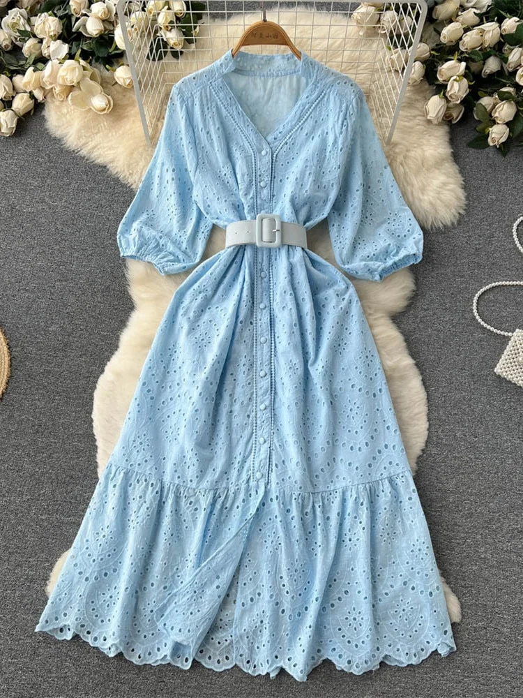 Woherb Cutwork Long Dress for Women Embroidery Cotton Maxi Dress Summer V-neck Puff Sleeve Casual Dress Female With Belt-Outfit Ideas