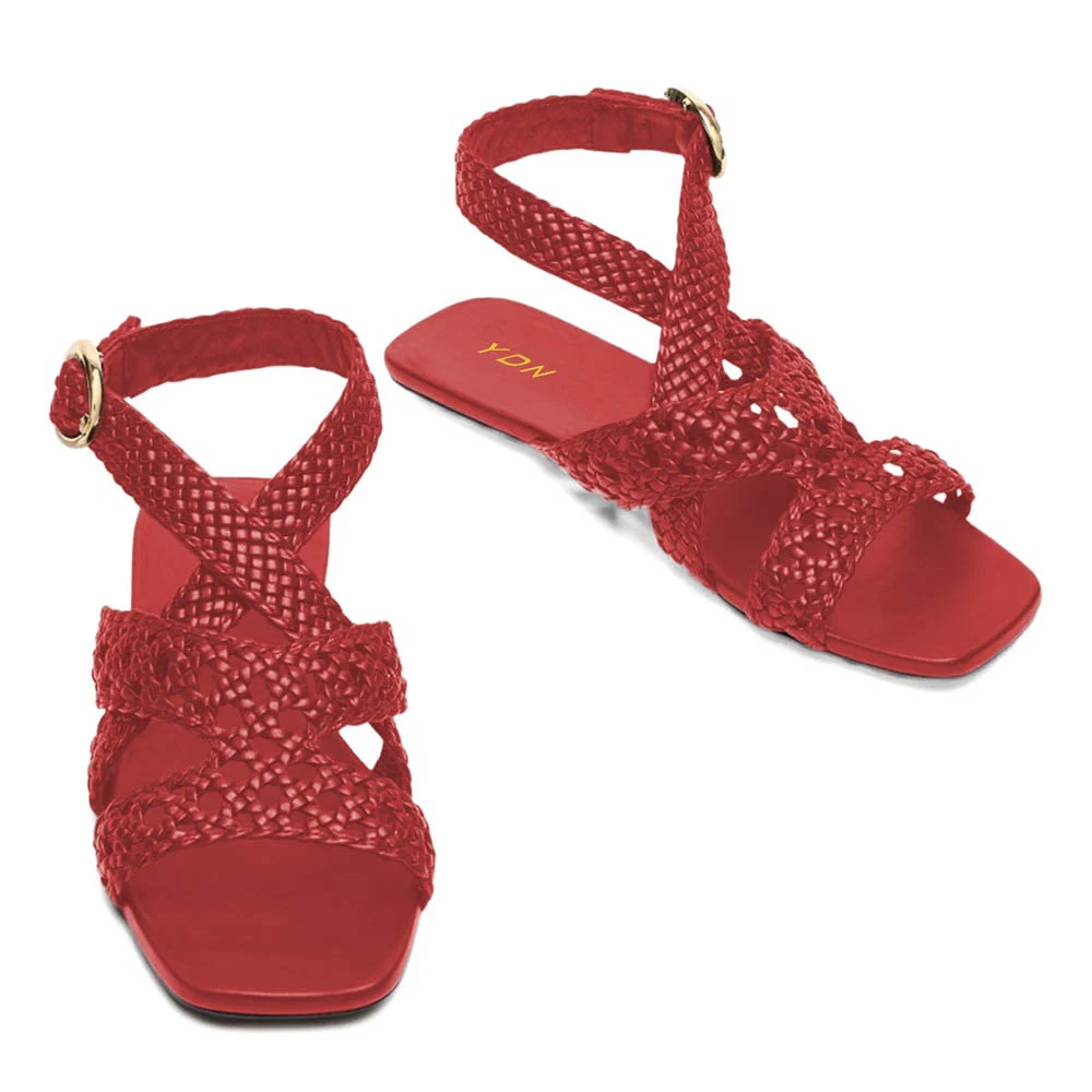 Red Open Square Toe Cross Ankle Strap Flat Women's Sandals with Braid
