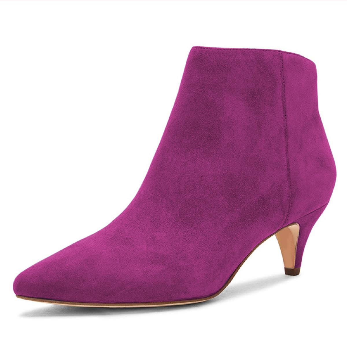 FSJ Vegan Suede Pointed Toe Low Heel Ankle Boots in Purple