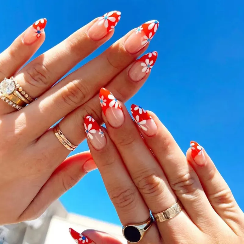 Churchf Churchf Sun Red French Lovely Sunflower Almond Nail Sweet Sister Special Beauty Nail Chip Fake Nails