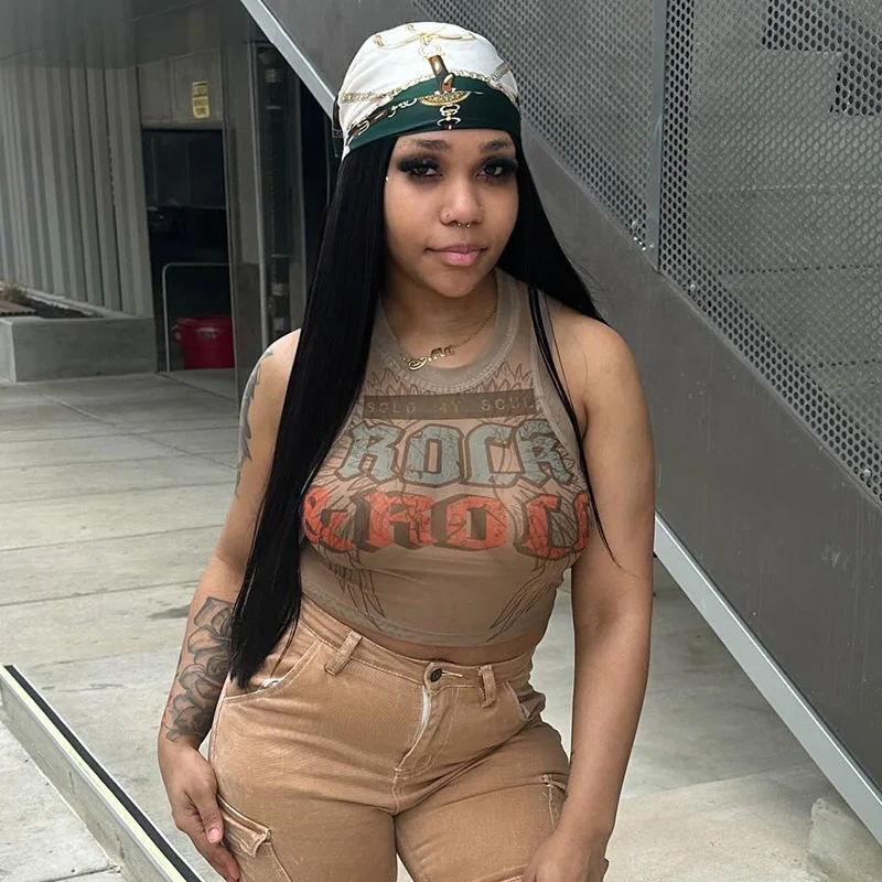 Brownm Brownm Women's Summer New Fashion Perspective Mesh Printing Round-Neck Sleeveless Short Vest