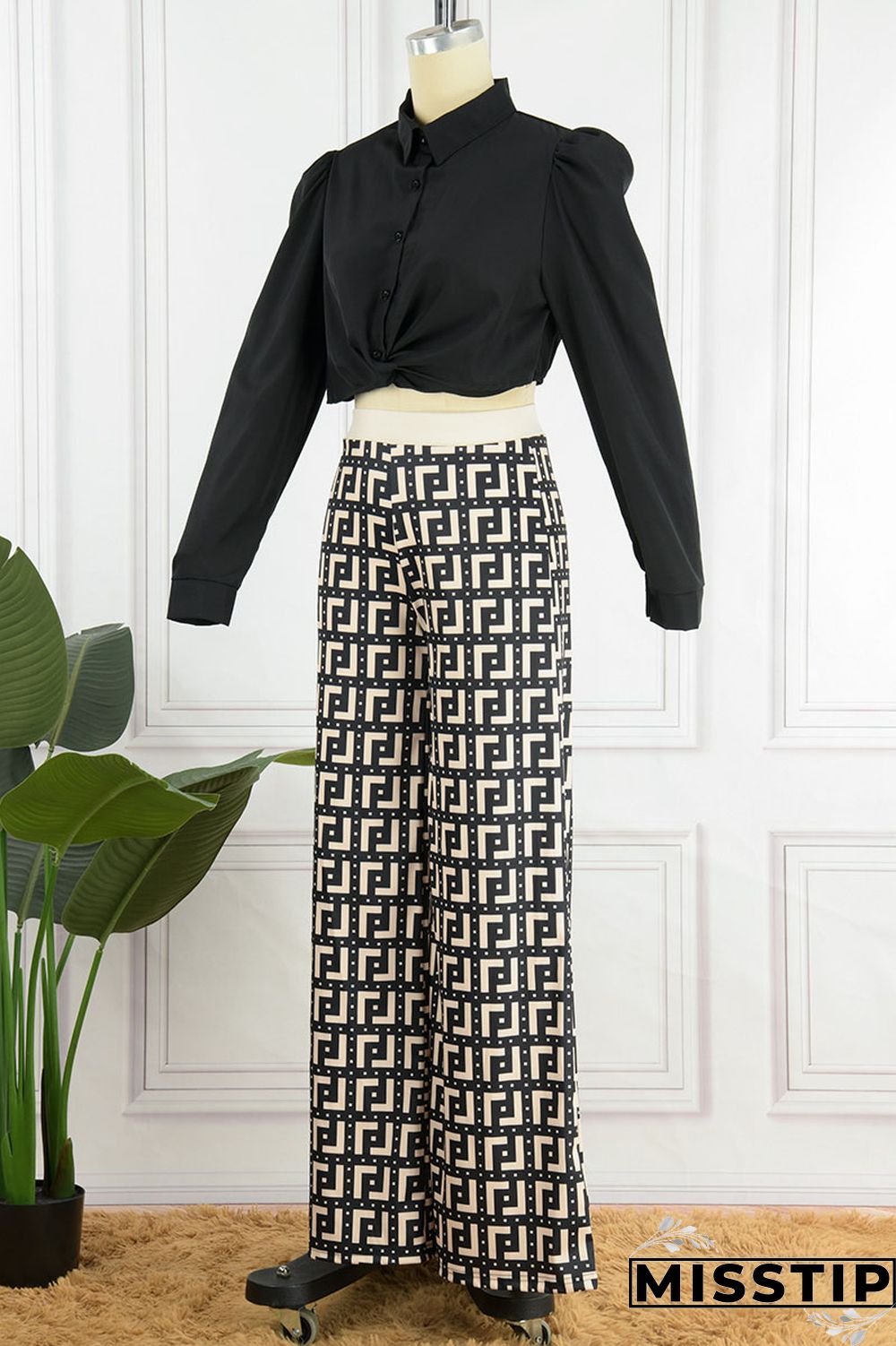 Khaki Casual Print Patchwork Turndown Collar Long Sleeve Two Pieces