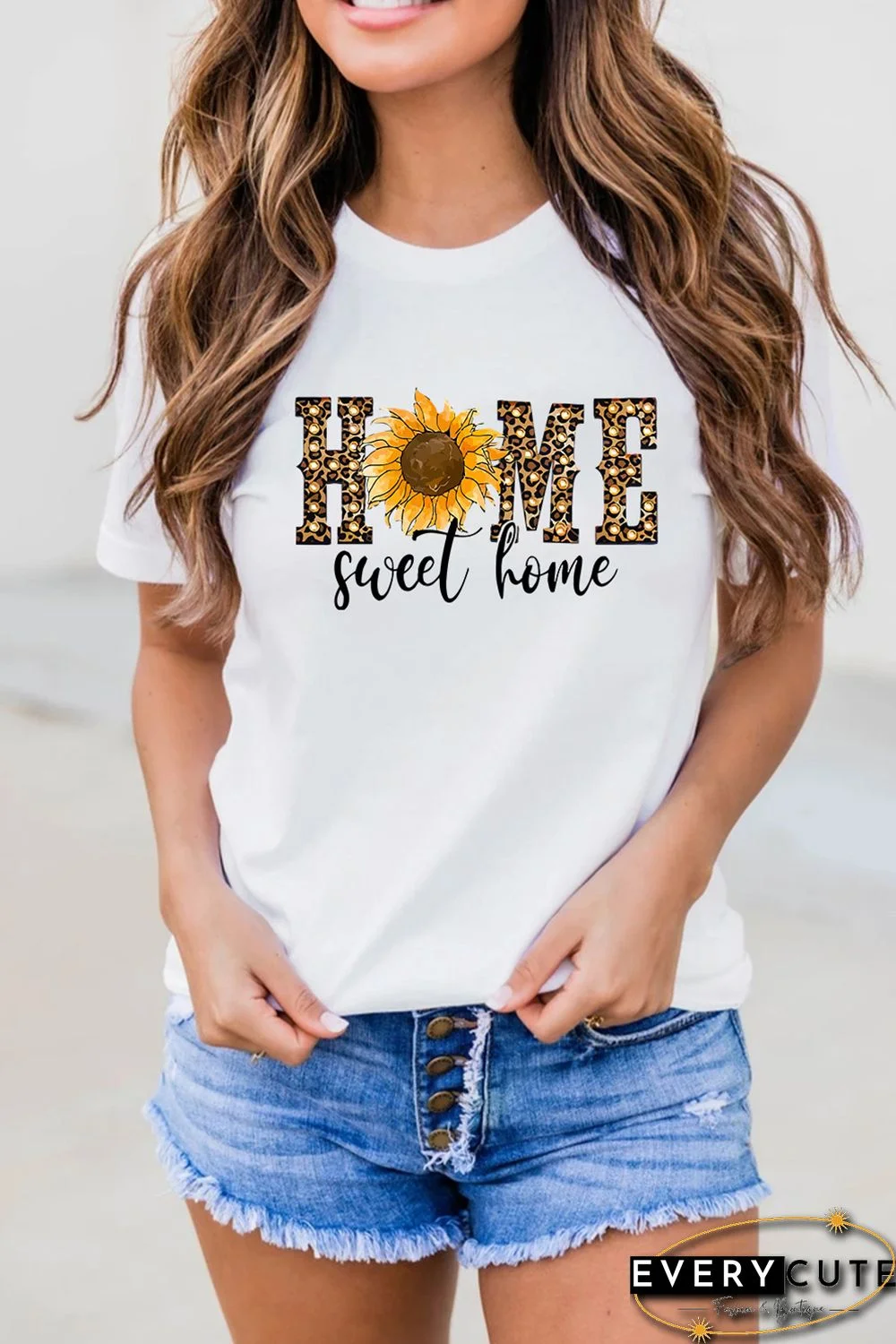 Sunflower Leopard Letter Print Crew Neck T-shirt