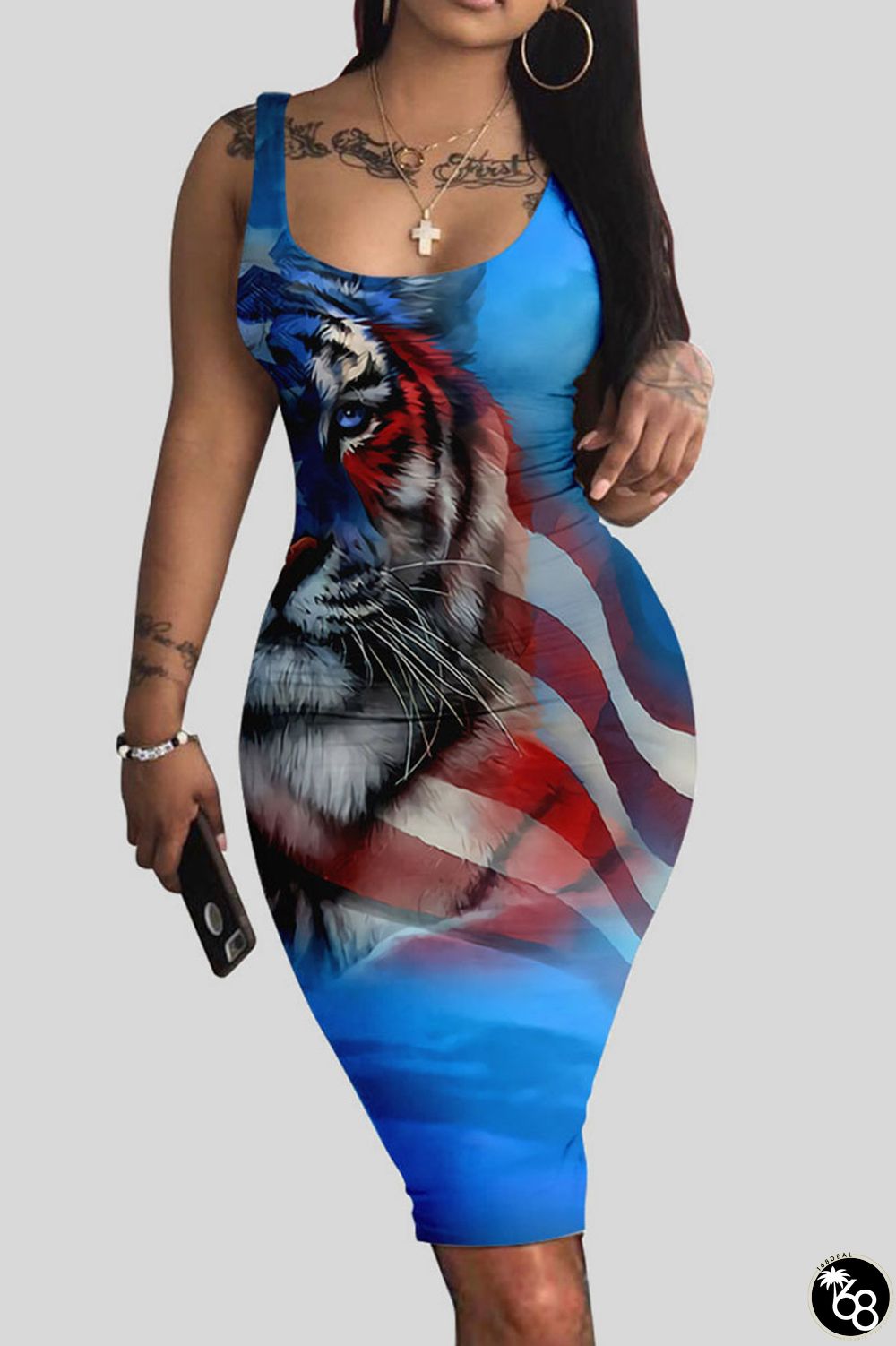 Blue Red Sexy Print Patchwork U Neck Pencil Skirt Dresses | 168DEAL