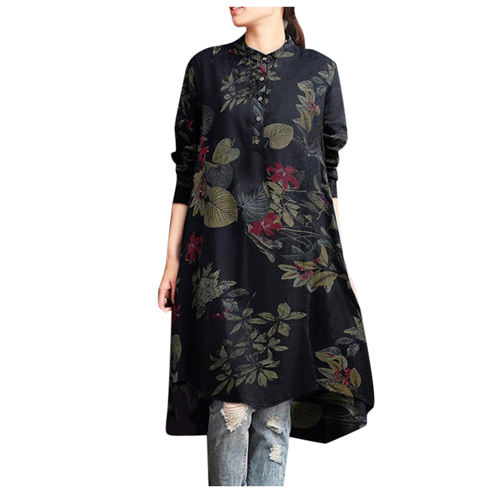 Woman Long Sleeve Flower Print Shirt Dress Painting Plus Size Straight Lady Casual Midi Dress Button Loose Robe Femme S-5XL