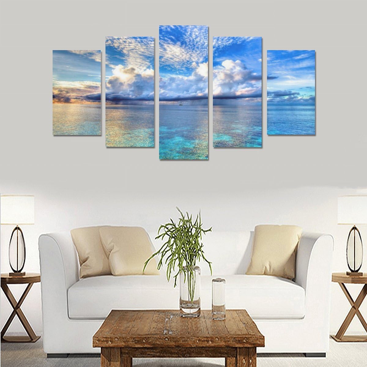 Exquisite Print Ocean Beach Pattern Canvas Wall Art Prints for Corridor Office Living Room Bedroom Home Decorations (No Frame) 5-Pieces - Ready for framing