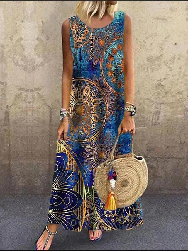 Cotton Linen Dress Vintage Print Round Neck Sleeveless Long Dress