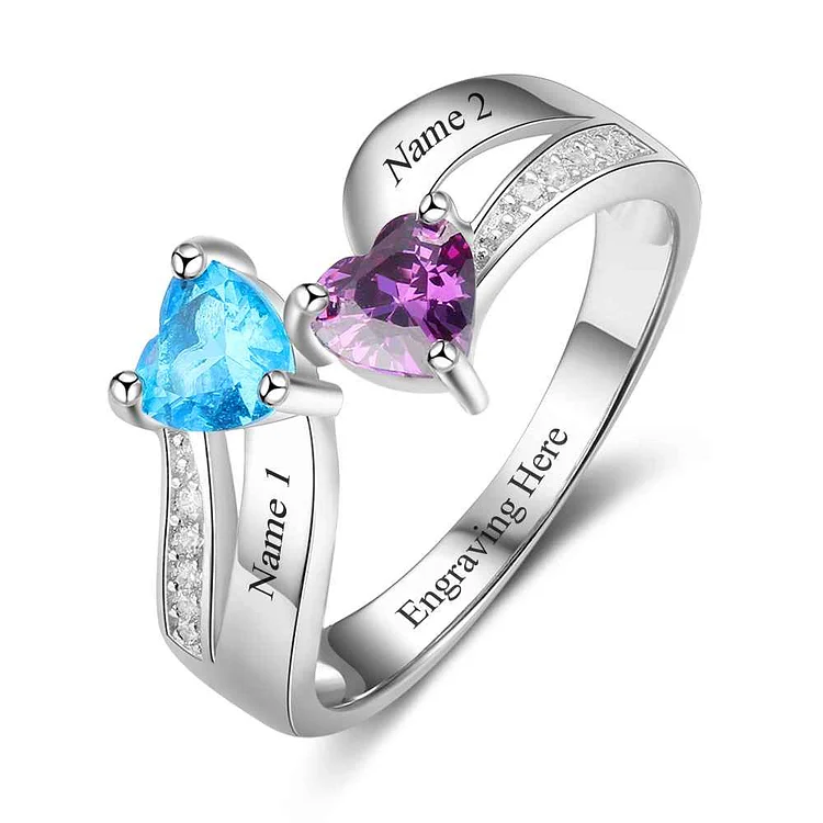 Personalized Promise Ring with 2 Birthstones Custom Mothers Ring Engraved with 2 Names Sterling Silver