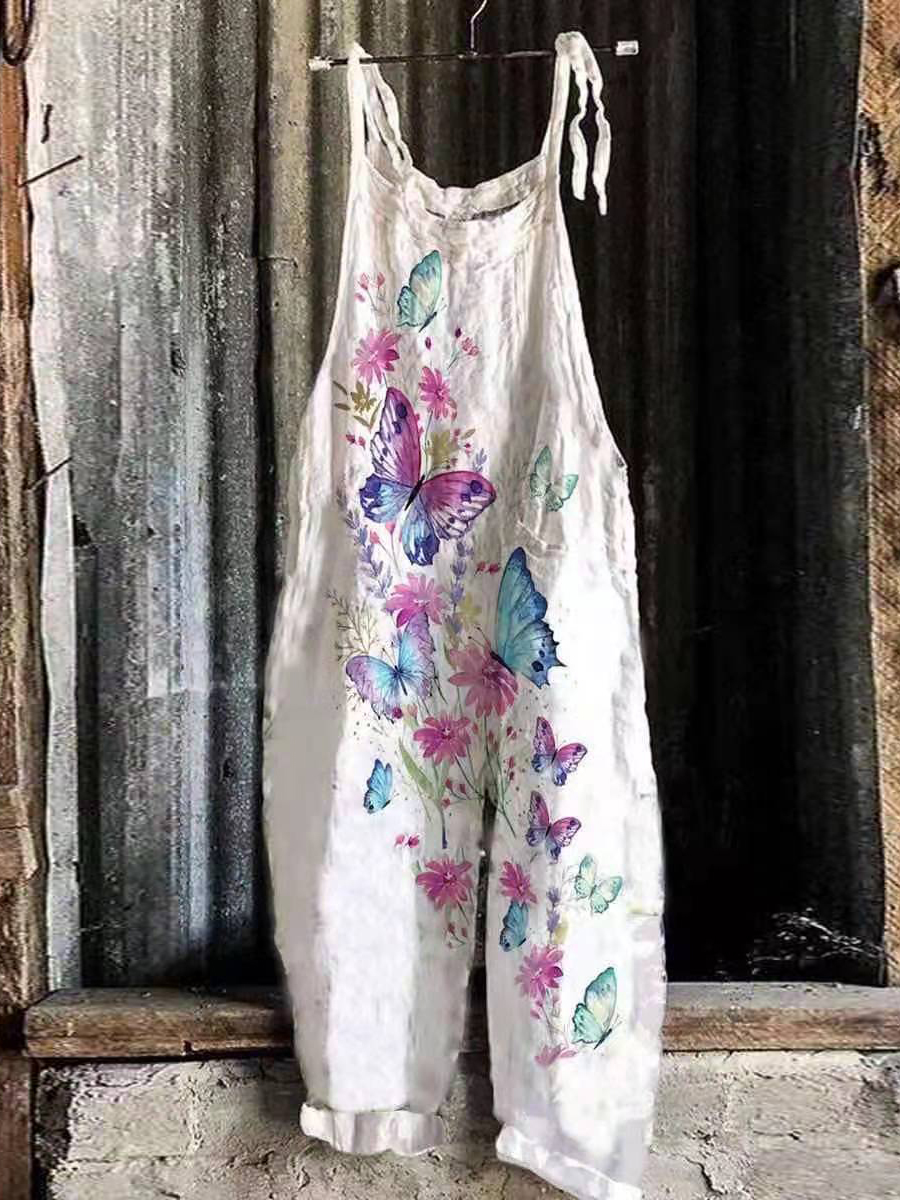 Women's Cute Print Linen Blend Casual Jumpsuit