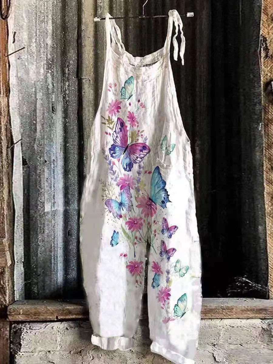 Women's Cute Print Linen Blend Casual Jumpsuit