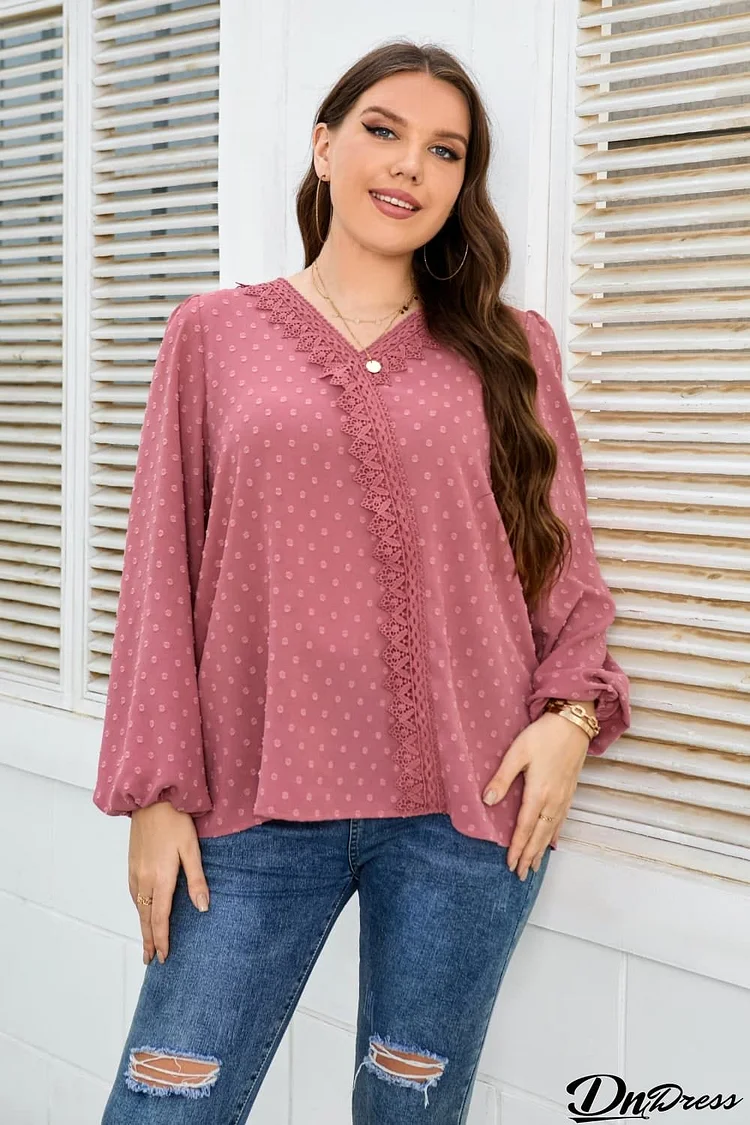 Plus Size Lace Trim V-Neck Balloon Sleeve Blouse