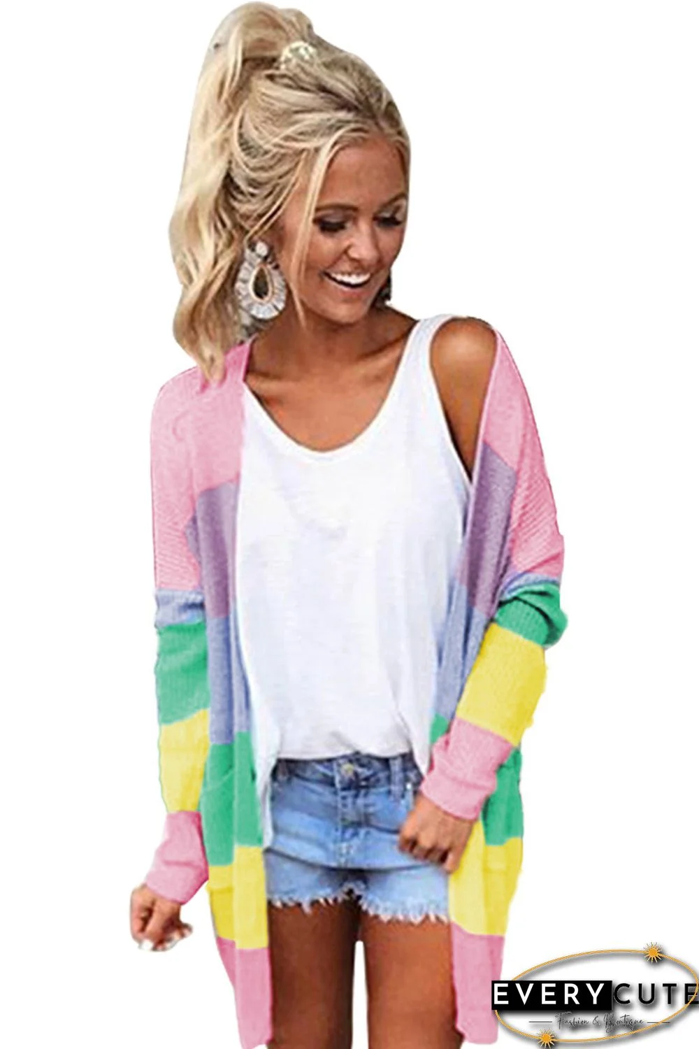 Pink Rainbow Color Block Open Front Drape Oversized Knitted Cardigan