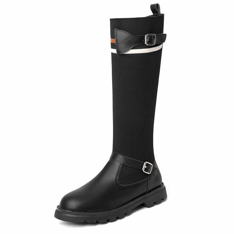 GOOSHOE Knitted Wool Stitching PU Thick Sole Flat Heel Cute And Women's Knee High Boots With Metal Belt Buckle Sock Boots