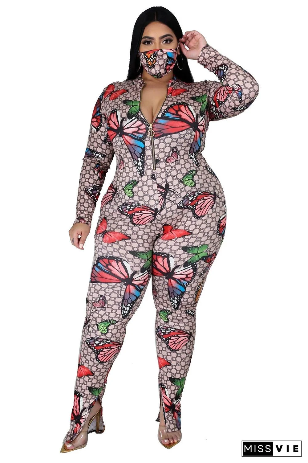 Plus Size Long Sleeve Print Jumpsuit