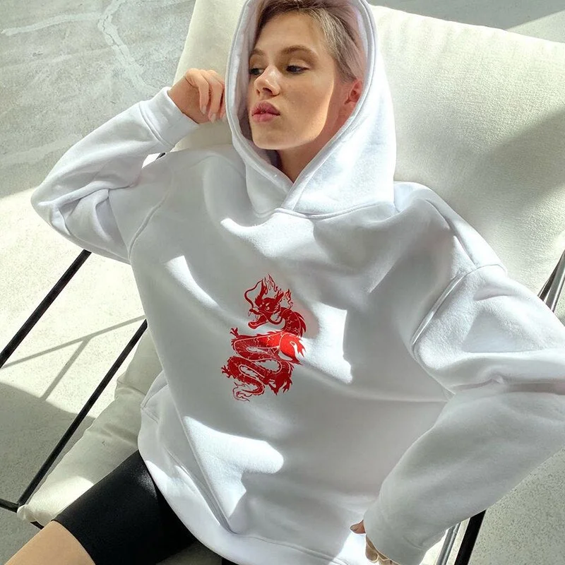 Dragon Printed Autumn Women's Sweatshirts Oversized Harajuku Hooded Pullovers Winter Loose Chinese Style Hoodies Cuteandpsycho