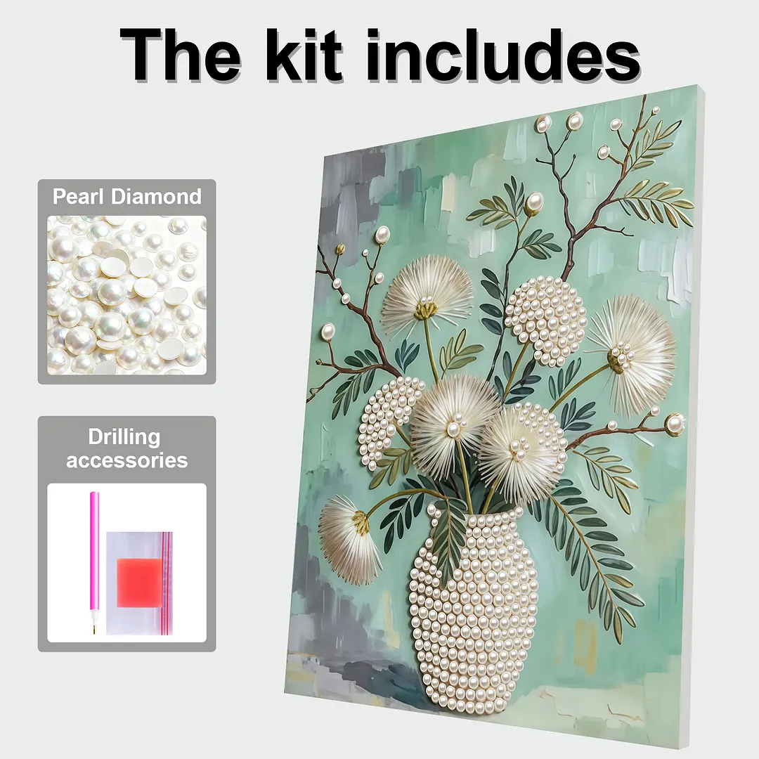 DIY Dandelion Vase Pearl Painting Kit for Adults Beginners Gift Idea Home Wall Decor Pearl Gem Paintings Picture Arts Craft 30x40cm with Frame