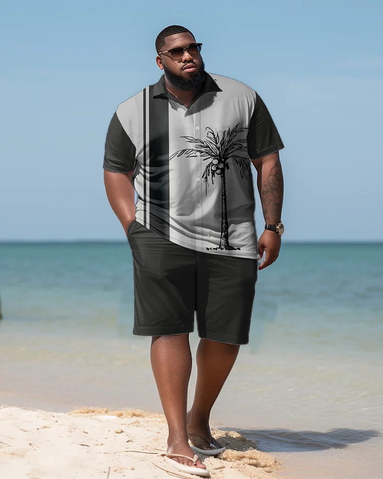 Men's Large Size Seaside Color Block Coconut Striped Hawaiian Shirt Shorts Two-Piece Set