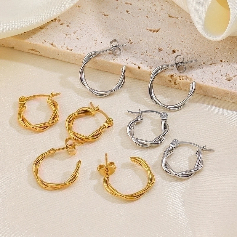 1 Pair Minimalist C Shape Twist Plating 304 Stainless Steel 18K Gold Plated Hoop Earrings