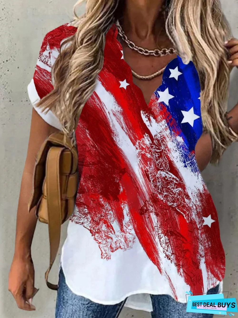 Casual American Flag Short Sleeve V Neck Printed Tunic Top