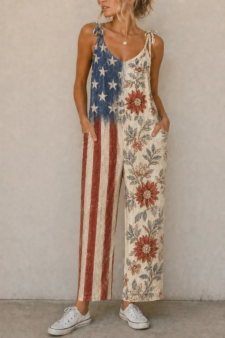 Floral Americana Panel Suspender Jumpsuit