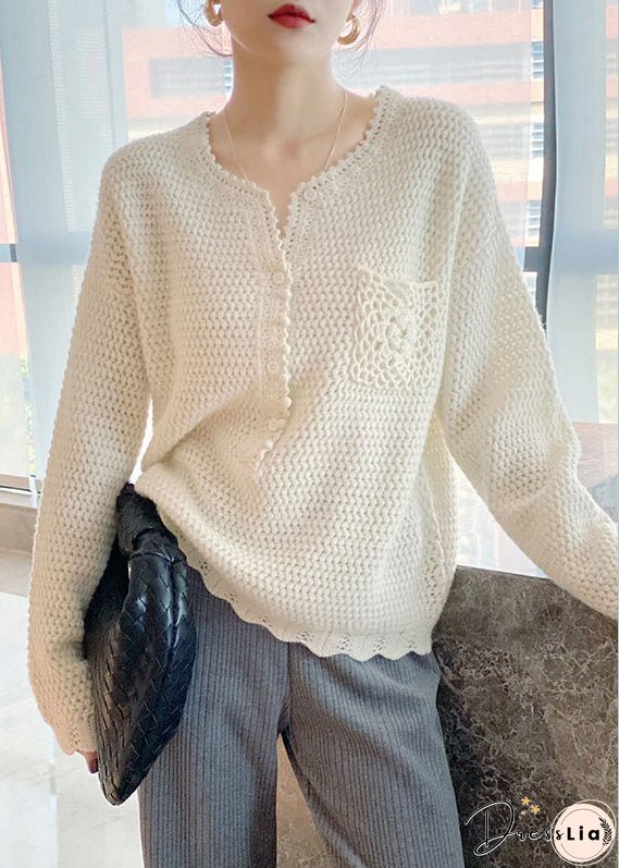 Simple Beige O Neck Hollow Out Button Patchwork Knit Top Fall