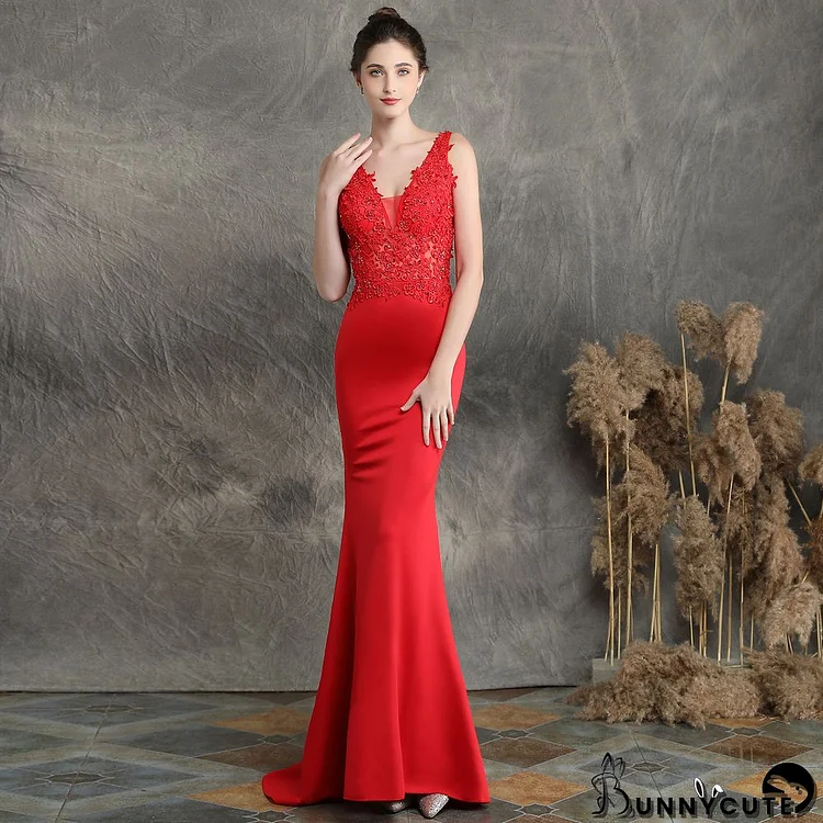 Women Elegant Appliquéd Beaded Formal Party Maxi Mermaid Evening Dress