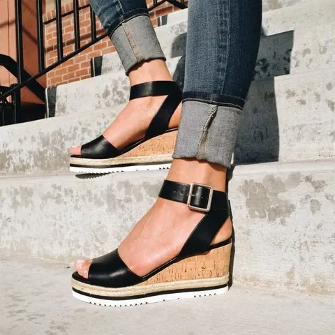 Qengg New Women's Sandals Fish Mouth Buckle Solid Color Wedge Flats Thick Sole Comfortable Casual Beach Shoes Plus Size Sandalia Nuvem