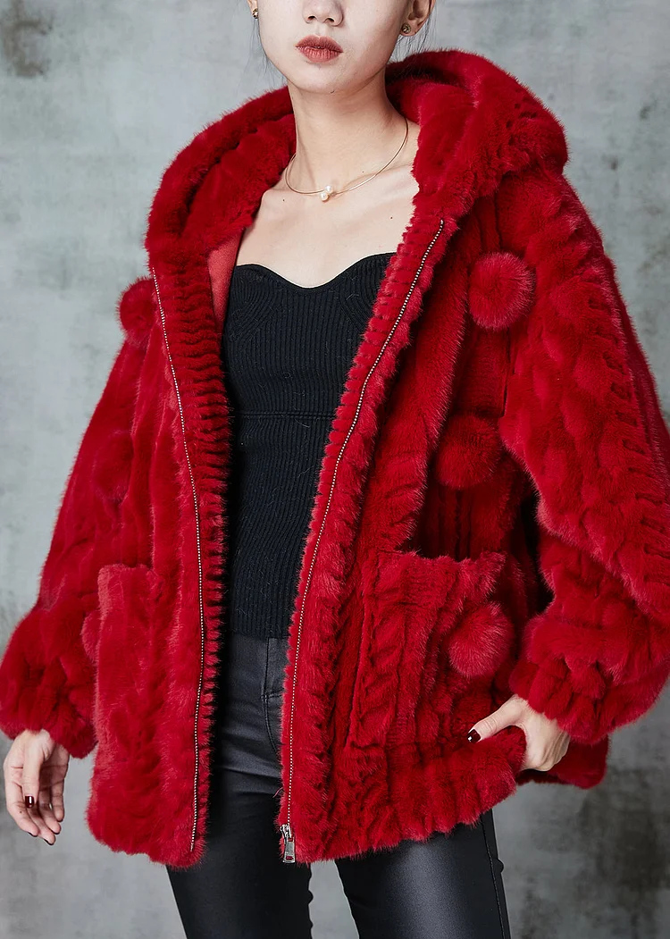 Red Warm Fuzzy Fur Fluffy Coats Fuzzy Ball Decorated Spring
