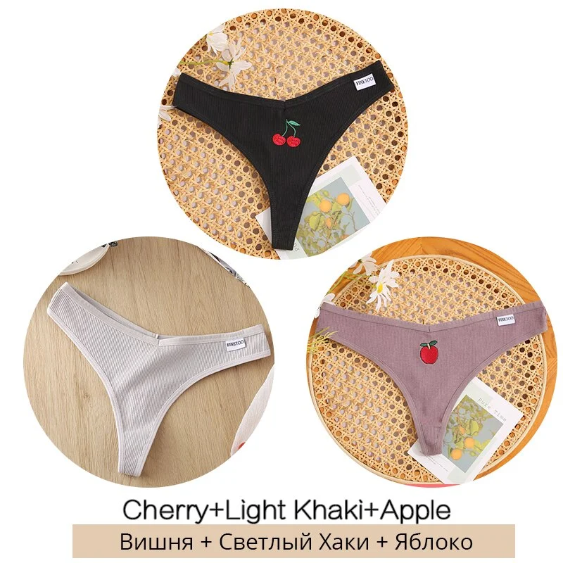 FINETOO Fruit Embroidery Thongs Women Cotton T-back Underpants M-XL Ladies G-string Sexy V Waist Underwear Bikini Panty Lingerie