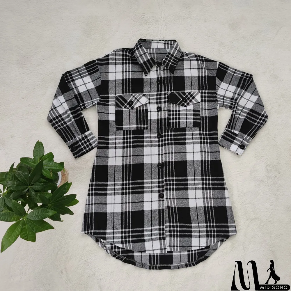 MidiSono - Plaid Long Sleeve Loose Shirt Top
