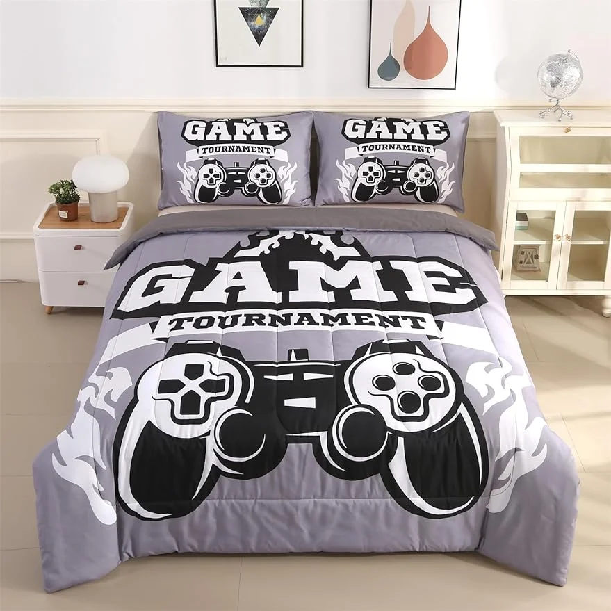 Gamer Comforter Set Full for Boys and Girls, Premium 3 Pieces Gaming Bedding Set Gray, Comfortable and Breathable for Teens and Adults,1 Comforter and 2 Pillowcases