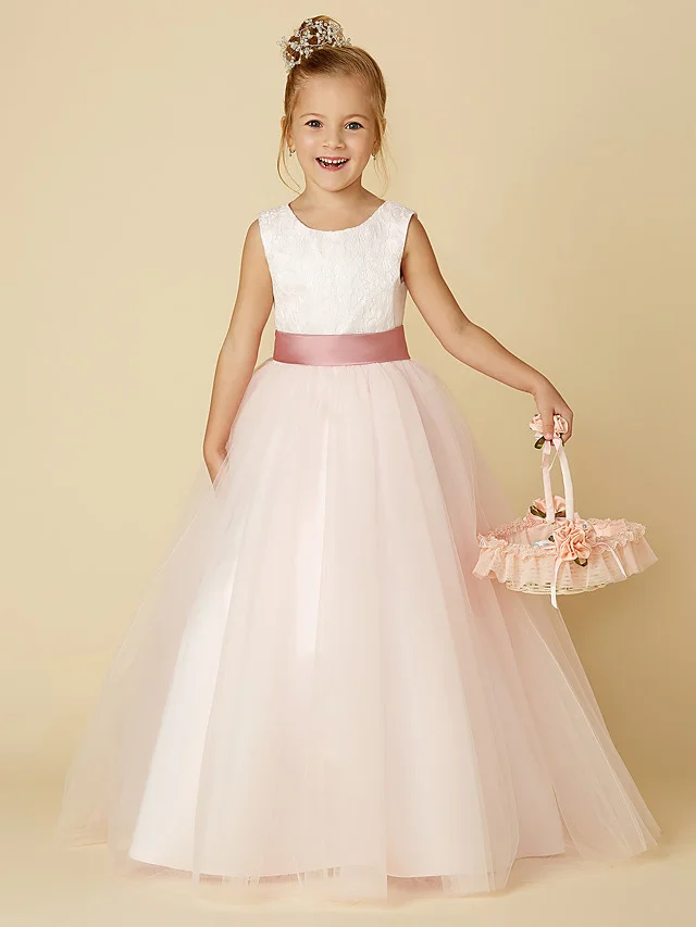 Hellodresses Princess Sleeveless Jewel Floor Length Flower Girl Dresses Satin Tulle With Lace Appliques