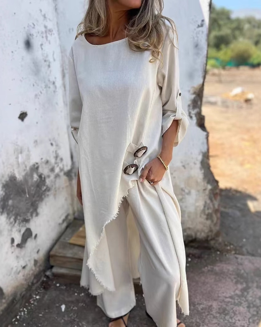 Asymmetric Hem Three Quarter Sleeve Top & Pants Set