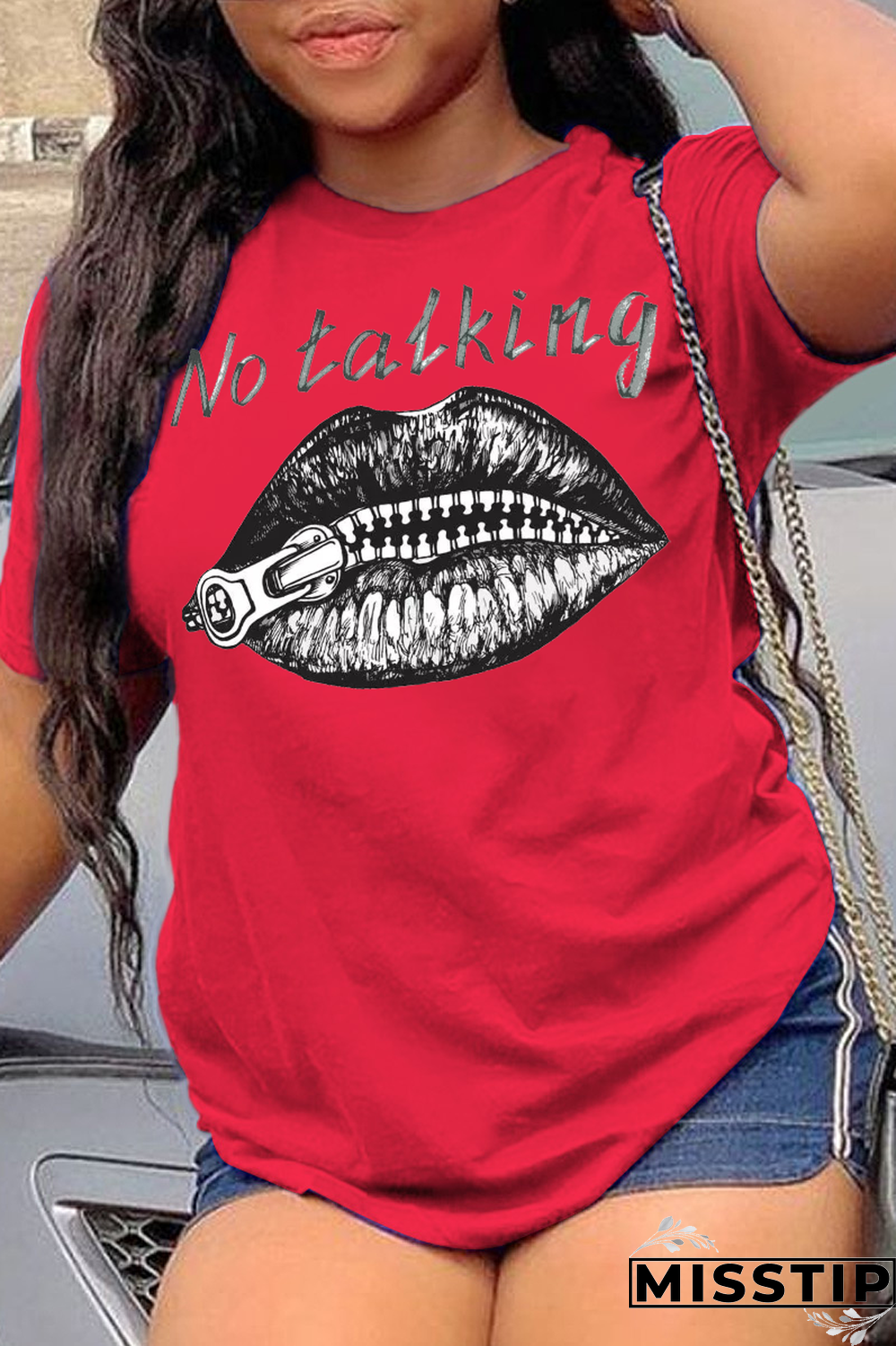 Red Casual Street Lips Printed Patchwork Letter O Neck T-Shirts