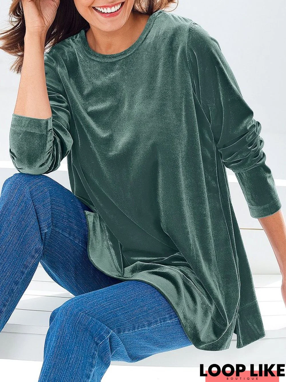 Crew Neck Loose Casual Velvet T-Shirt