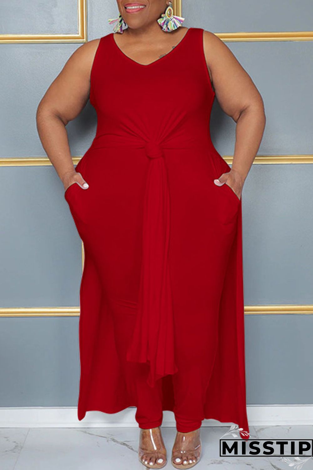 Blue Casual Solid Patchwork Slit V Neck Plus Size Two Pieces