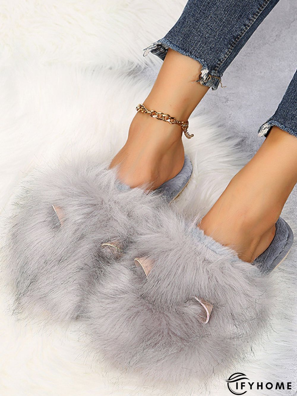 Cute Cat Ears Mohair Warm Fleece Indoor Slippers | IFYHOME