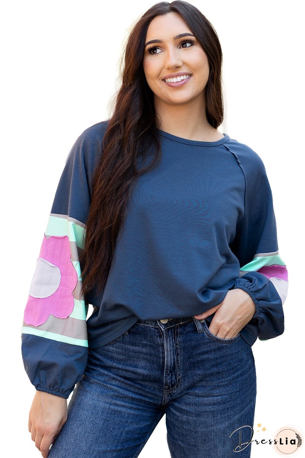 Sail Blue Flower Patchwork Raglan Sleeve Exposed Seam Oversized Top
