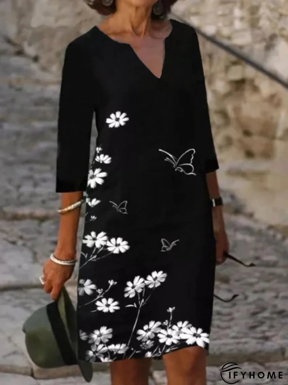 3/4 Sleeve V Neck Printed Dress | IFYHOME