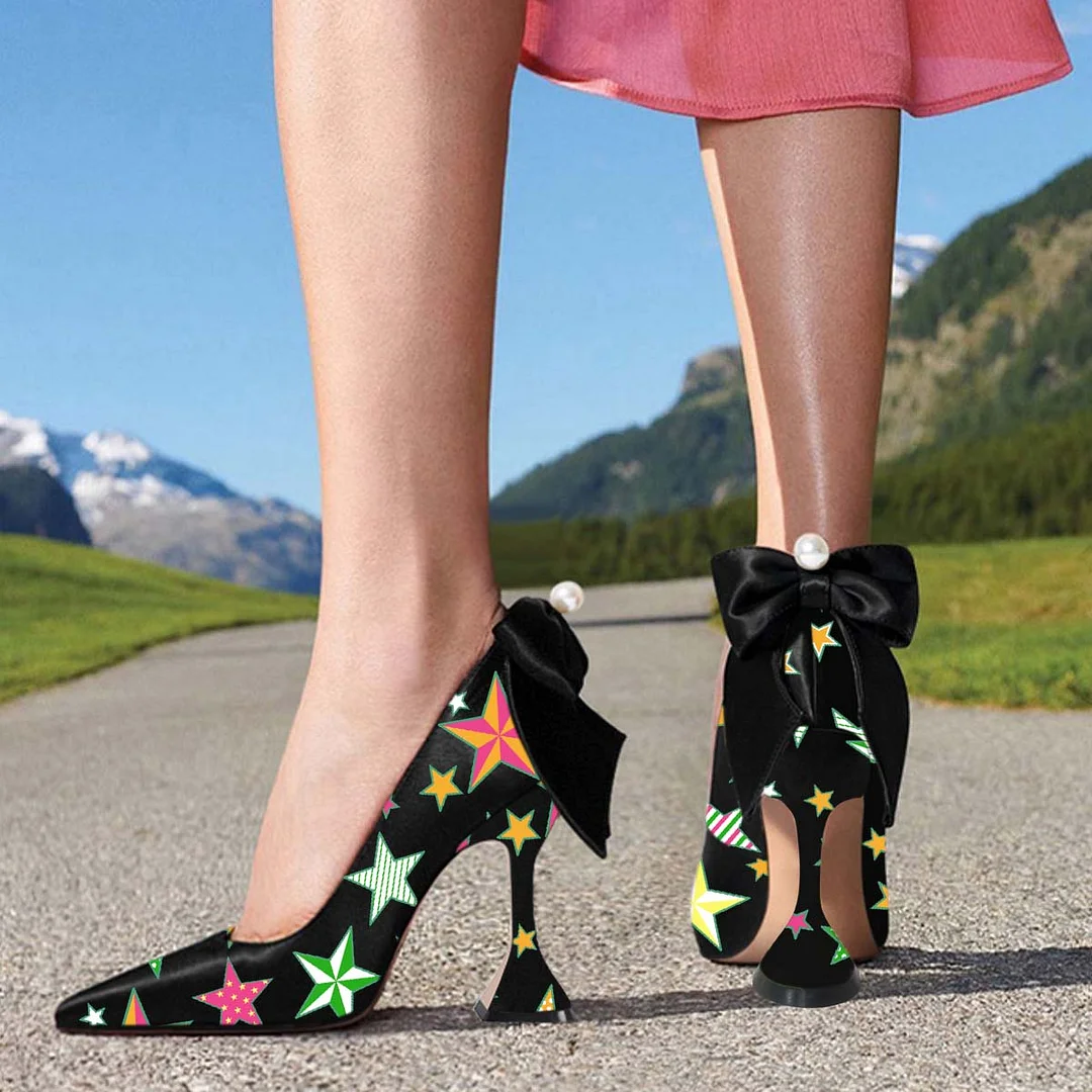 Pearl Bow Pointed Toe Flared Heel Black Pumps with Multicolor Stars