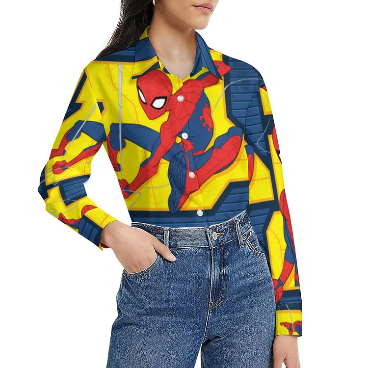 Women Business Dress Yellow Spider Man Web Slinging Panel Long Sleeve Button Down Blouses Lady Dressy Casual Office Tops - Heather Prints Shirts